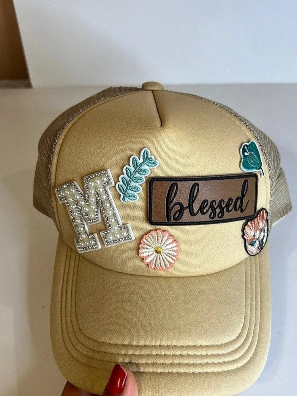 Blessed Floral Patch Trucker Hat Beige Pearl Rhinestone M Snapback Cap